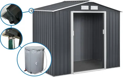 Produktbild von Gerätehaus aus Metall- "Vegas"- 2,7 m² mit Dachrinne und Wasserauffangbehälter - Grau
