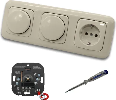 Produktbild von EBROM 1001 (2 x) LED Drehdimmer Dimmer + Busch Jäger Dimmerscheibe 2115-212 und Steckdose 20EUC-212 in DURO2000 cremeweiß glänzend inklusive EBROM Phasenprüfer zur Montage der Geräte