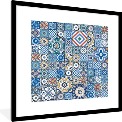 Produktbild von MuchoWow® Gerahmtes Poster Muster - Blau - Formen 40x40 cm - Poster mit Schwarzem Bilderrahmen Wandposter Rahmen Foto Bilder - Poster - Plakat im Rahmen