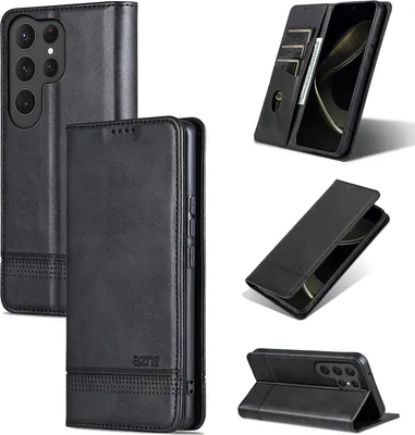 Image de Etui en cuir pour Samsung Galaxy S25 Ultra, étui portefeuille pliable avec fermeture magnétique et support noir