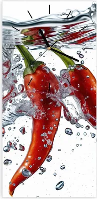 Produktbild von Wanduhr aus Glas mit Motiv Chilis im Wasser- 30 x 60 cm - inkl. Aufhängesystem