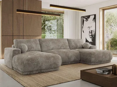 Produktbild von MKS MEBLE Ecksofa XXL Wohnlandschaft RINA U-Form Ecksofa mit Schlaffunktion & Wellenfederung, DL-Schlaffunktion - Hellbraun Cord
