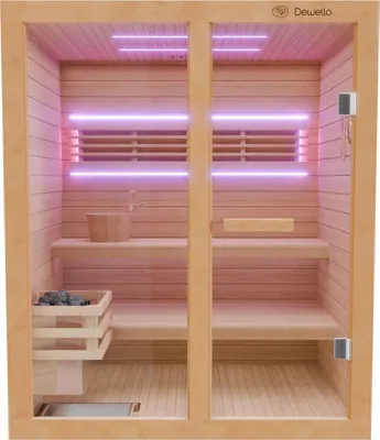Produktbild von Dewello Finnische Sauna TOFINO 160x150 Kabine aus Hemlock Tannenholz mit,4,5 kW Harvia Ofen, inkl Sauna Set