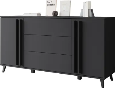 Produktbild von MIRJAN24 Türkommode Helsinki 150, Stilvoll Wohnzimmer, Kommode mit zwei Drehtüren und drei Schubladen (Farbe: Schwarzer Graphit)
