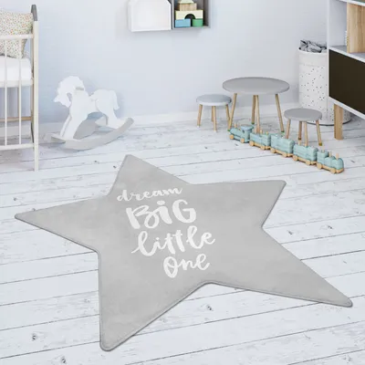 Produktbild von Kinderteppich Teppich Kinderzimmer Spielmatte Rutschfest Stern Schriftzug Grau Weiß Grösse 150 cm Stern-Form