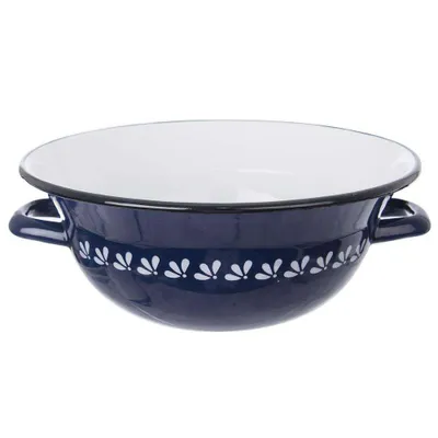 A blue enamel bowl with white floral decoration and handles, shown against a white background.