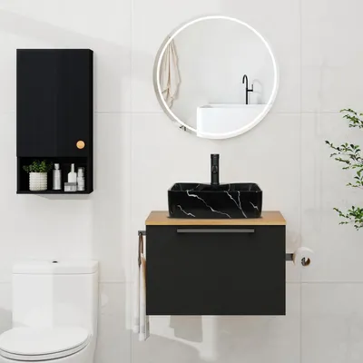 Immagine prodotto di Set di mobili da bagno composto da 3 elementi: mobile sotto lavello da 60 cm, mobile laterale e mobile sospeso, colore nero