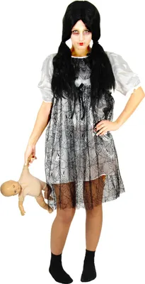 Produktbild von Horrorpuppen Kleid Damen – Gruseliges Halloween Kostüm in Weiß & Schwarz, Größe:XXL