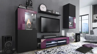 Produktbild von Vladon Wohnwand Movie, Anbauwand bestehend aus 1 TV-Board, 2 Vitrinen und 1 Regal, Schwarz matt/Schwarz matt/Brombeer Hochglanz, inkl. LED-Beleuchtung in Weiß (Gesamt: 300 x 190 x 39 cm)