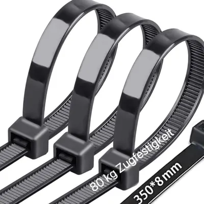 Produktbild von Kabelbinder 350 mm x 8 mm, UV-Beständig, 80 kg Zugfestigkeit, Schwarz, 100 Stück