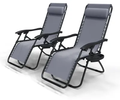 Produktbild von VOUNOT® 2er-Set Liegestuhl Klappbar, Relaxstuhl Garten mit Getränkehalter und Kopfpolster, Grau