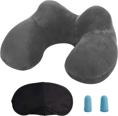 Imagen del producto de Almohada inflable para el cuello, ideal para viajes, con cubierta de terciopelo suave, lavable, incluye antifaz y tapones para los oídos
