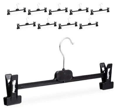 Image de 30 cintres pour pantalons en plastique, pinces réglables, crochet métallique pivotant, cintres pour jupes, H x l x P : 14 x 36 x 3 cm, noir
