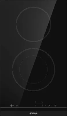 A black glass ceramic hob with two cooking zones is shown from a top-down perspective.