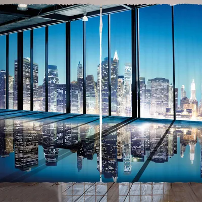 Produktbild von ARANDE Modern Gardine, Büro-Stadtbild-Gebäude mit glasiger Innenraum-Raum-Bild-Fotografie, 280 x 260 cm, Schwarz Weiß Blau
