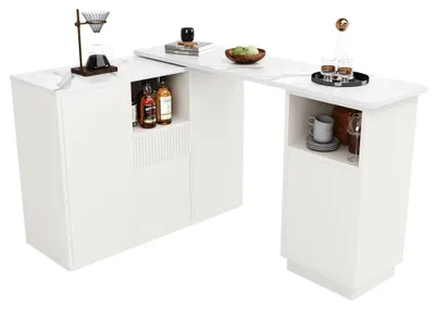 Produktbild von Drehbarer Bartisch - 360° Drehbar - Offener Stauraum - Marmorarbeitsplatte - Multifunktionale Aufbewahrungsinsel - MDF - 210 x 30 x 100,9 cm