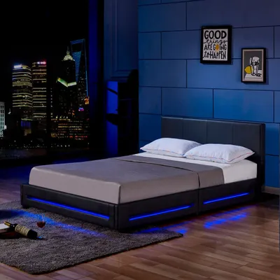 Zdjęcie produktu dla HOME DELUXE - Łóżko LED Asteroid - Czarne, 160 x 200 cm - ze stelażem z listew I Łóżko tapicerowane Designerskie łóżko z oświetleniem