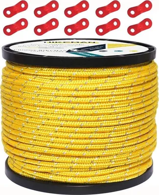 Image de Corde en nylon réfléchissante de 50 m, corde de terrain, corde de guidage pour tente, corde de guidage, corde de campement avec 10 tendeurs en aluminium, jaune, diamètre 4 mm