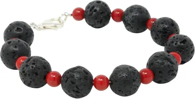 Produktbild von Armband aus Lava & Koralle schwarz-rot 925 Silber 21cm Armkette Kugelarmband