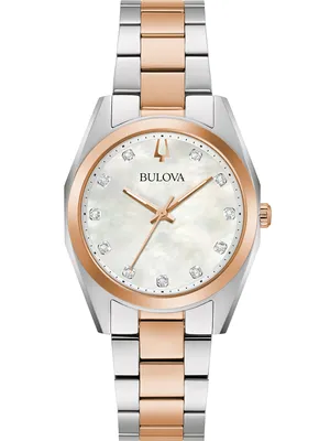 A close-up, front-facing studio shot of a women's wristwatch.