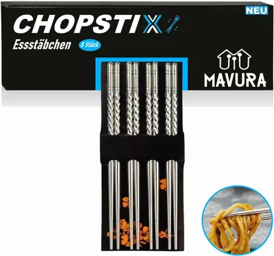 Produktbild von MAVURA CHOPSTIX Edelstahl Asia Stäbchen Set Chinesische Chopsticks Japanische Essstäbe Asiatische Ess Stäbchen wiederverwendbar