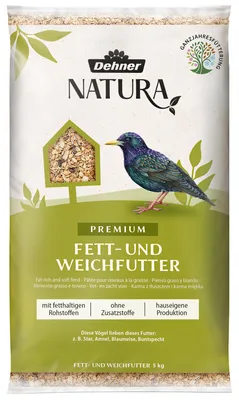 Produktbild von Dehner Natura Premium Wildvogelfutter, Fettfutter / Weichfutter, Ganzjahresfutter artgerecht / kraftspendend , hochwertiges Vogelfutter für Wildvögel, 5 kg
