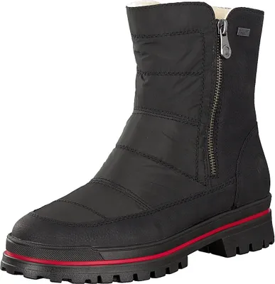 A single black winter boot with a red stripe on the sole, shown against a white background.