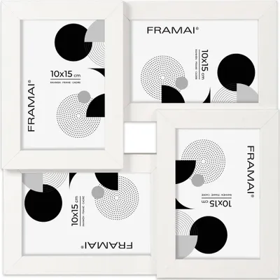 Zdjęcie produktu dla Ramka na 4 zdjęcia FRAMAI®, biała, drewniana rama MDF, rama z nietłukącego pleksiglasu,
