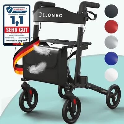 Produktbild von ELONEO Rollator faltbar und leicht mit Sitz, Leichtgewicht-Reiserollator aus Aluminium, Gehhilfe 8-fach höhenverstellbar, Laufhilfe 3-fach faltbar