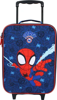 A blue Spider-Man trolley with a cartoonish Spider-Man graphic.