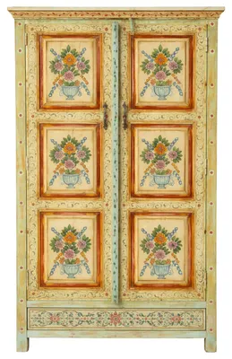 Productafbeelding van Hoge kast Ritika, gemaakt van massief hout, met handgeschilderde en handgesneden details, 150 cm hoog