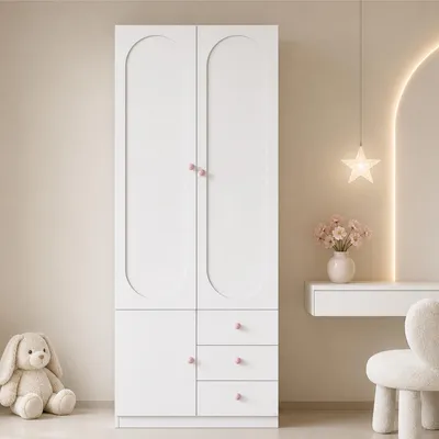 Produktbild von STILVORA Kleiderschrank mit 2 Türen und Schubladen, Kinderkleiderschrank mit Kleiderstange, Aufbewahrungsschrank mit Keramikgriffen