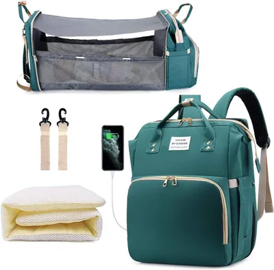 Produktbild von Wickeltasche mit Wickelauflage, Rucksack, Babytasche mit integriertem USB-Ladeanschluss und Kinderwagengurten, großes Fassungsvermögen