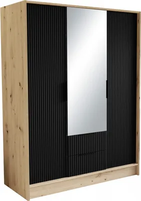 Zdjęcie produktu dla Szafa z drzwiami skrzydłowymi NOEMI, 3-drzwiowa szafa z 2 szufladami i lustrem, nowoczesna szafa, wymiary szafy: 150 x 200 x 51 cm