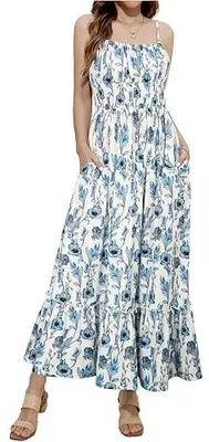 Zdjęcie produktu dla Sukienka letnia damska w kwiaty bez rękawów długa elegancka kieszenie