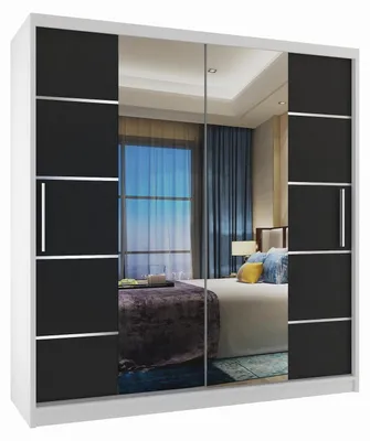Produktbild von BELINI Verona ME Schiebetürenschrank 158 cm Weiß/Schwarz Matt - Kleiderschrank mit Spiegel & 2 Schubladen, Schlafzimmer