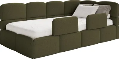 Produktbild von Selsey Cloudy – Jugendbett 90x200 cm, rechtsseitig, mit Bouclé-Bezug, Matratze und Rausfallschutz, Olivgrün