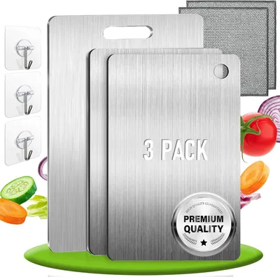 Produktbild von Schneidebrett-Set 3-teilig, Edelstahl, Titanlegierung, antibakteriell, wendbar, für Küche
