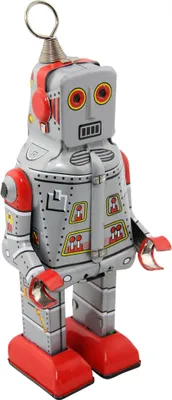 A vintage-style tin robot toy.
