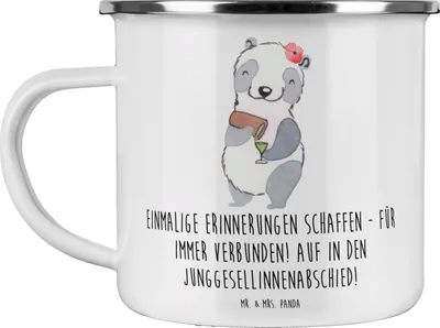 Produktbild von Mr. & Mrs. Panda Emaille Tasse Junggesellinnenabschied Erinnerungen - Weiß - Geschenk, emaillebecher, Heiraten, Teetasse, unvergessliche Momente, gemeinsame Zeit, Heirat