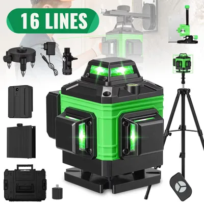 Immagine prodotto di Livella laser verde a 16 linee con autolivellamento a 3°, ricaricabile tramite USB, per misurazioni verticali e orizzontali, in dotazione con supporto e custodia in plastica