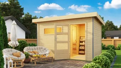 Produktbild von Karibu Saunahaus Helmi naturbelassen im Set mit 9kW -Kombiofen