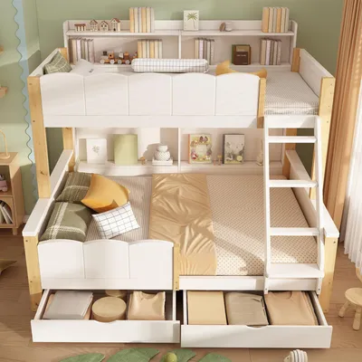 Produktbild von STILVORA Familienbett 90x200+140x200 cm mit Regalen, Etagenbett mit 2 Schubladen, Kinderbett mit Schrägleiter und Rausfallschutz