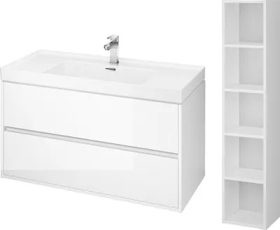 Produktbild von BADLAND Badmöbel Set CREA 100 Waschbecken-Unterschrank mit Hochschrank 140x30x25, Badregal, Weiß