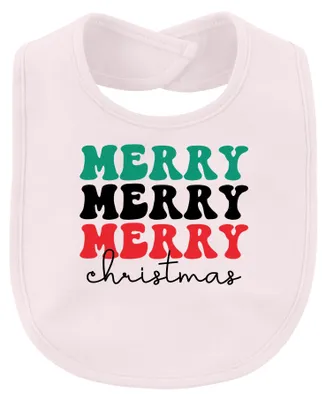 Immagine prodotto di Bavaglino per neonato a tema natalizio retrò, con scritta "Merry Christmas" e decorazioni festive, colore rosa