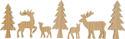 Produktbild von Holz Tannenwald zum dekorieren 7-teilig - natur - Weihnachts Deko Tierfiguren Set - Tischdeko Winter Wald Tanne Tier Hirsch Rentier Figur Weihnachtsdeko