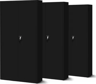 Produktbild von 3er Set Aktenschrank C001 Metallschrank Stahlschrank Werkzeugschrank Büroschrank Lagerschrank Universalschrank Pulverbeschichtung Flügeltüren 185 cm x 90 cm x 40 cm Farbe: Schwarz/Schwarz