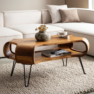 Produktbild von FineBuy Couchtisch 100x60x47 cm Sheesham Massivholz Metall Sofatisch Wohnzimmertisch Rechteckig mit Stauraum Kaffeetisch Massiv Großer Tisch