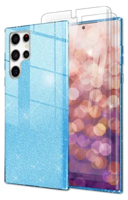 A blue glitter phone case and screen protector for a Samsung Galaxy S23 Ultra.