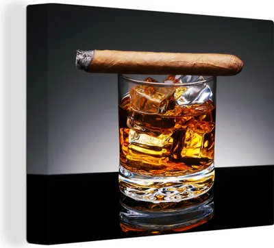 Zdjęcie produktu dla MuchoWow® - Obraz na płótnie - Whisky - Cygaro - Szklanka, obraz na ścianę, dekoracja ścienna, obrazy do salonu, 40x30cm